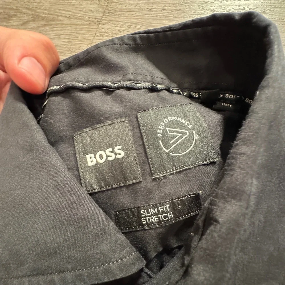 BOSS Shirt Men L 16.5 Black Performance Stretch Slim Fit Long Sleeve Cotton Hugo